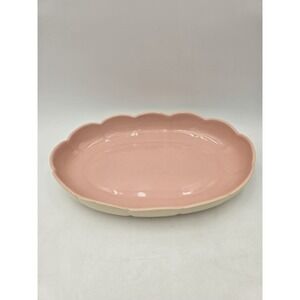 Vintage Los Angeles California Pottery Pink & White Dish Scalloped Edge Oval